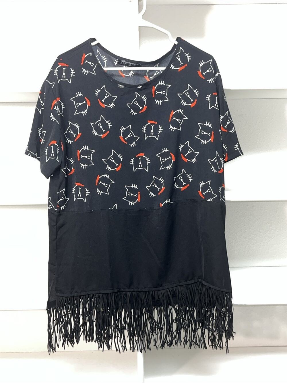 Rinascimento Black Cats With Fringe Women’s Top Made In Italy XL No Size Tag